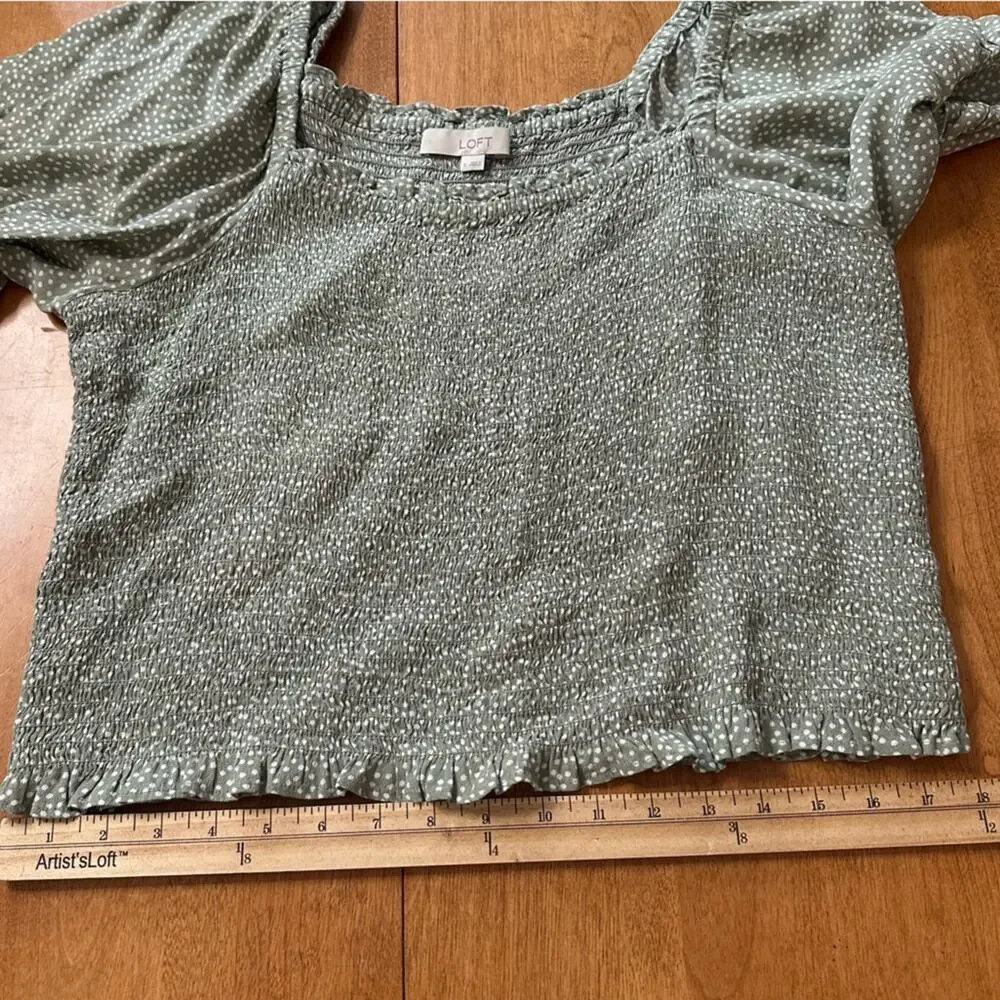 LOFT Smocked Blouse Womens L Olive Polka Dot Cottage Puff Sleeve Square Neck